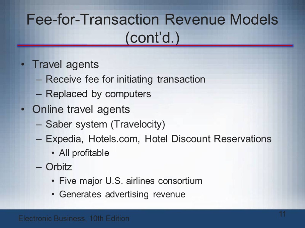 Fee-for-Transaction Revenue Models (cont’d.) Travel agents Receive fee for initiating transaction Replaced by computers